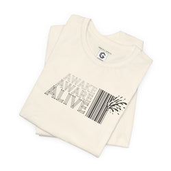 Natural color tank top with 'Awake Aware Alive' text and barcode design on a white background