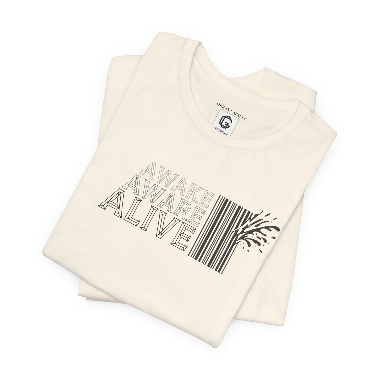 Natural color tank top with 'Awake Aware Alive' text and barcode design on a white background