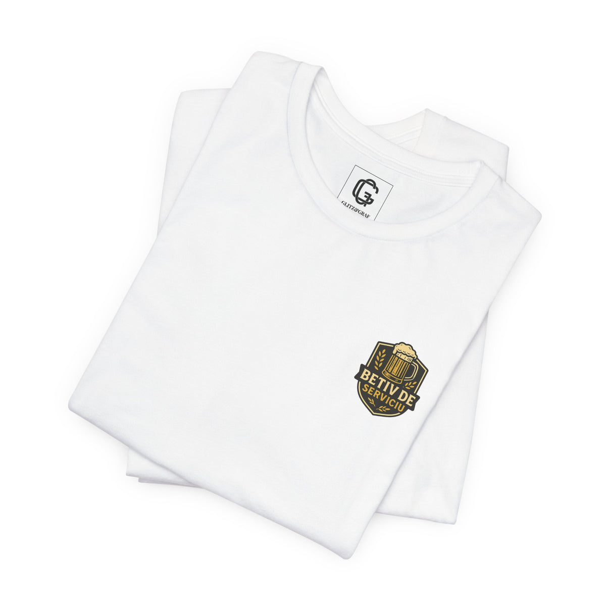 White t-shirt with a logo on the inner neck label and a "bețiv de serviciu" badge, on a white background