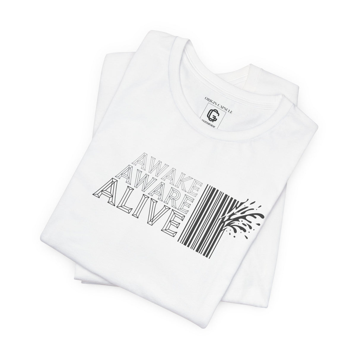 White t-shirt with 'Awake Aware Alive' text and barcode design on a white background