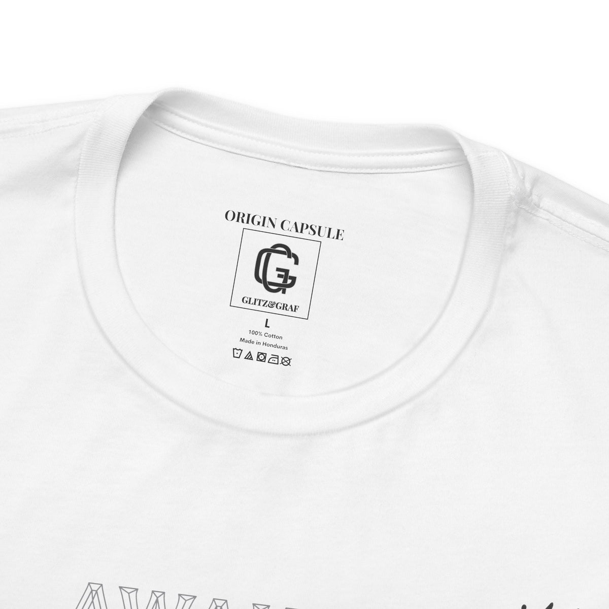 Close-up of a white t-shirt with a GLITZ&GRAF brand label on the collar.