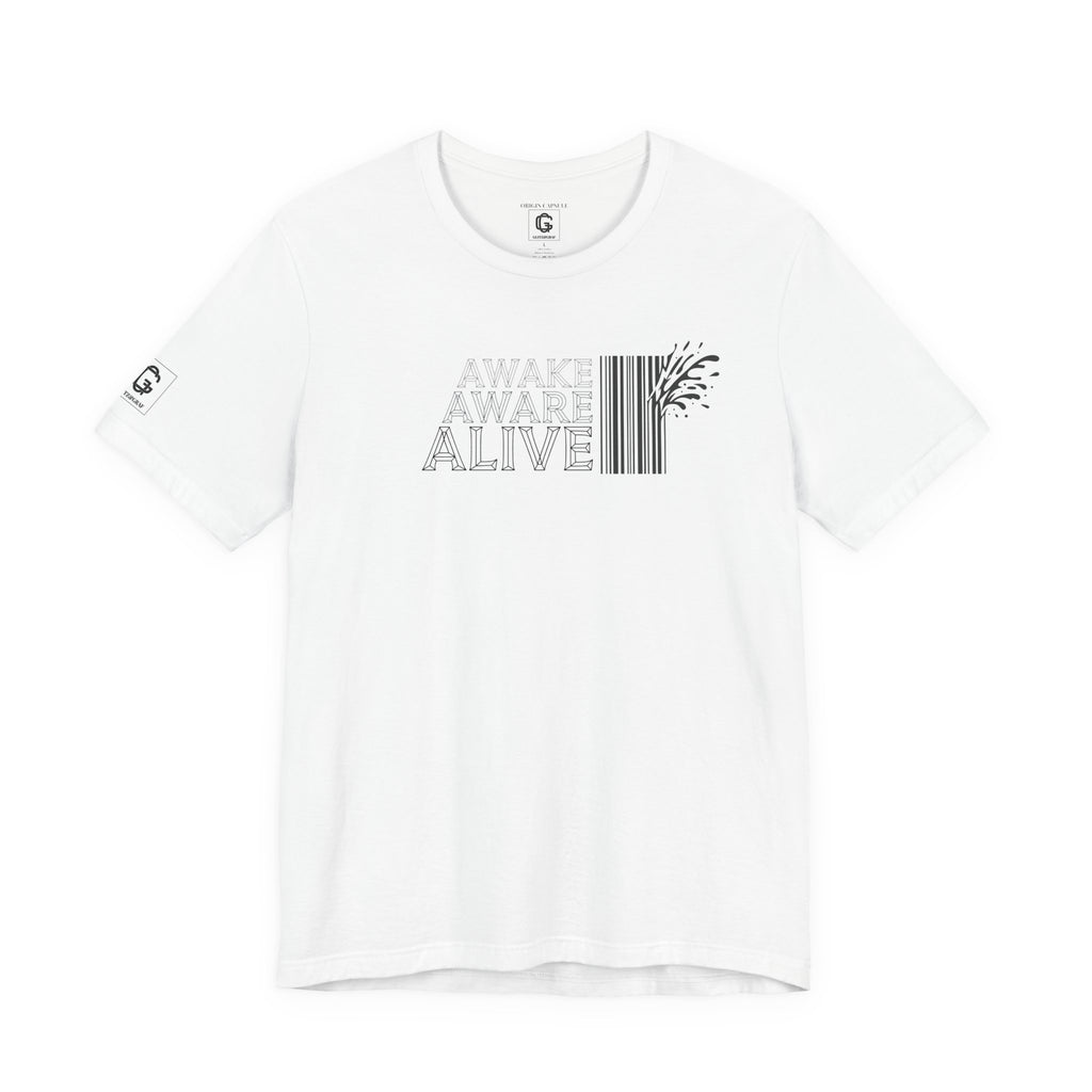 White t-shirt with text and barcode design on a white background