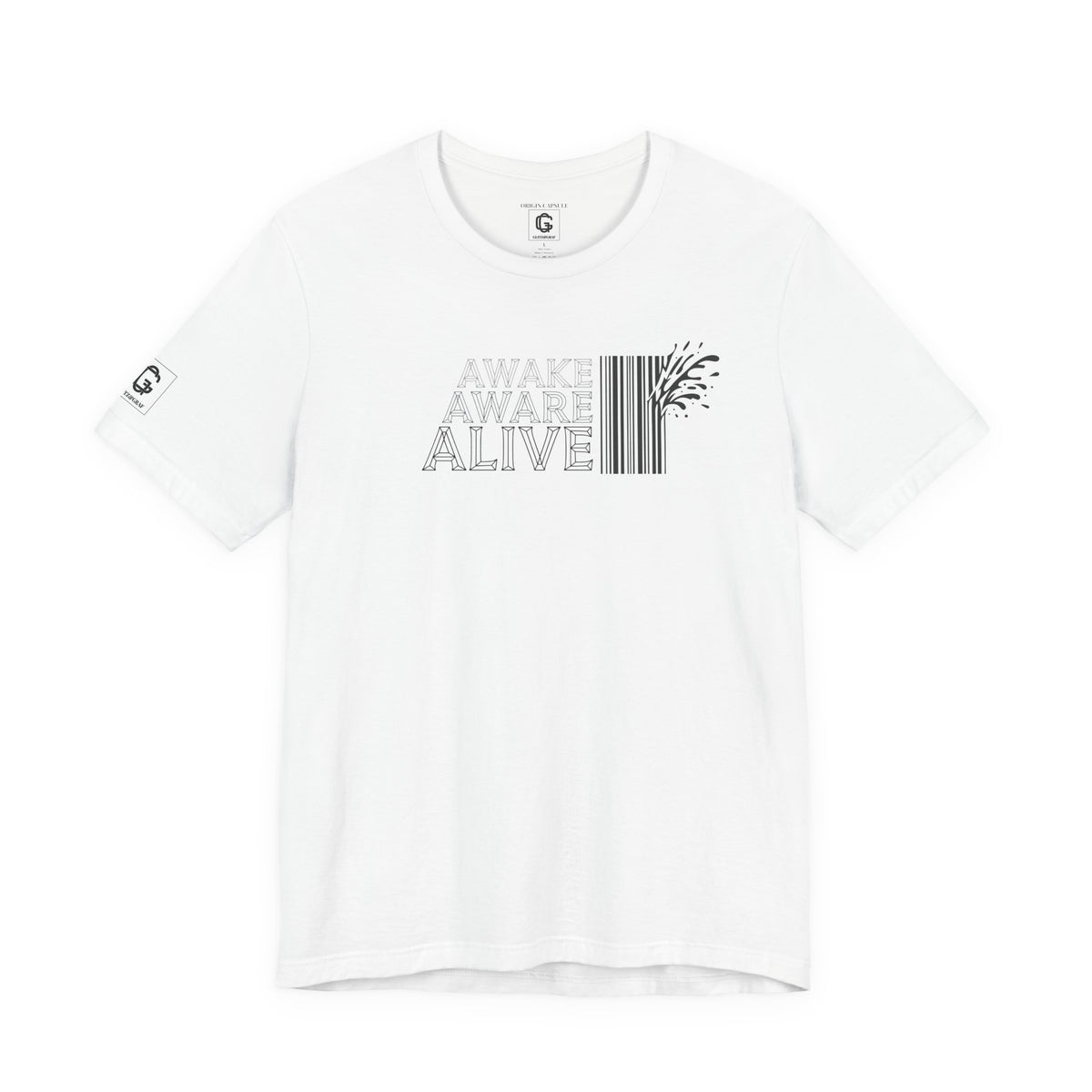 White t-shirt with text and barcode design on a white background