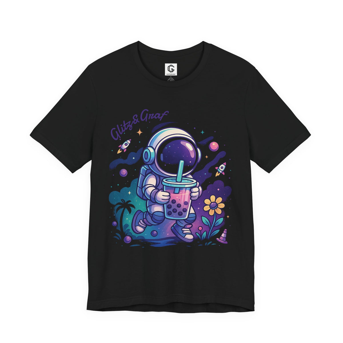 Black t-shirt with a colorful astronaut design holding a bubble tea, on a white background.