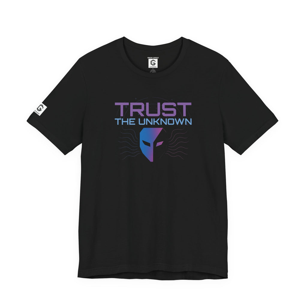 Black t-shirt with 'Trust The Unknown' graphic design on a white background