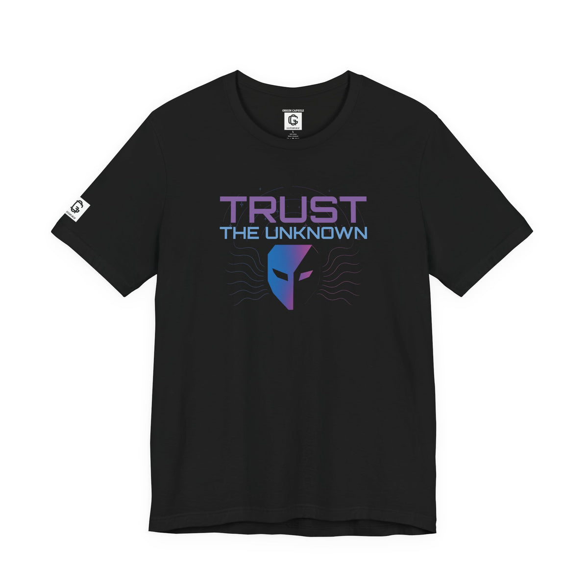 Black t-shirt with 'Trust The Unknown' graphic design on a white background
