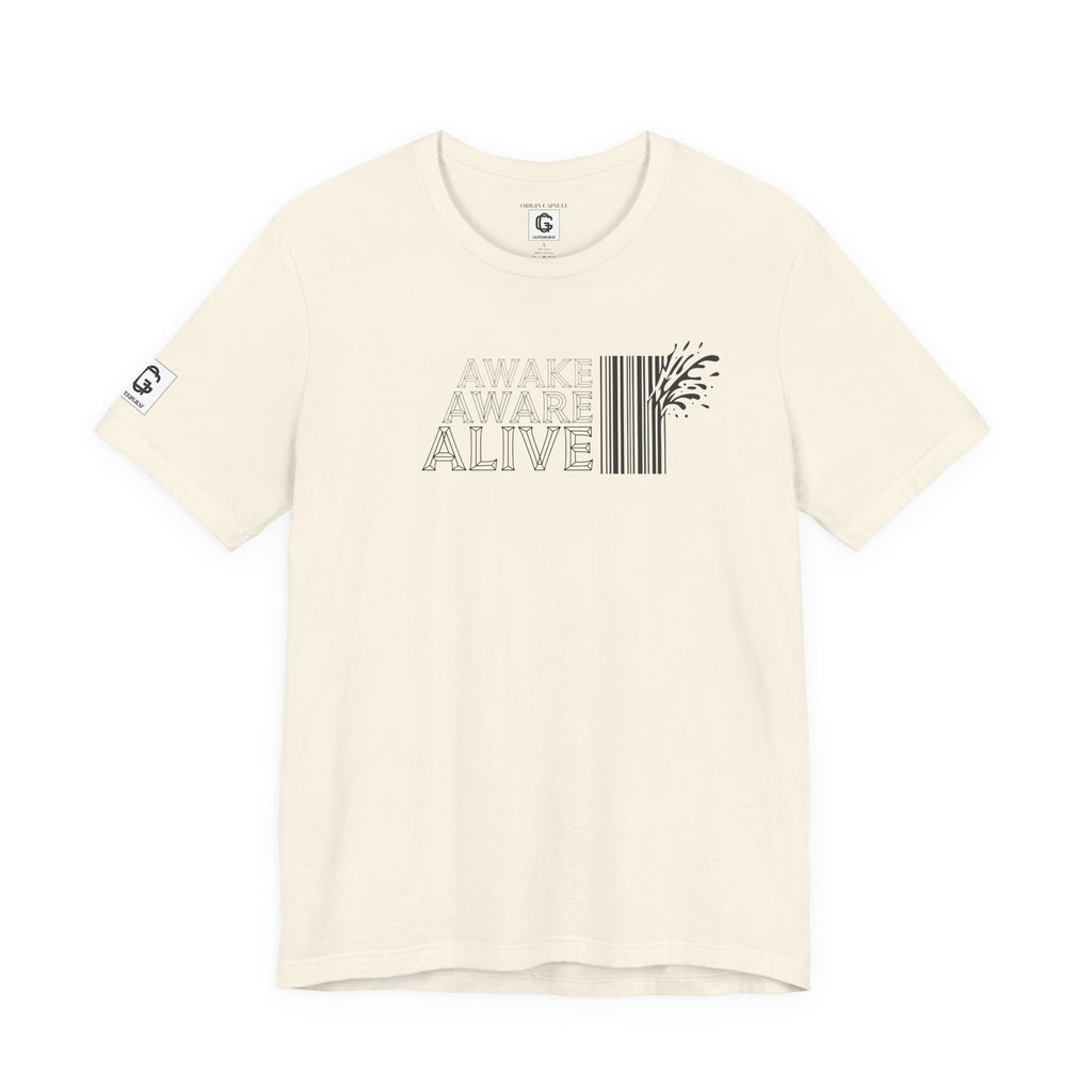 Natural color t-shirt with 'Awake Aware Alive' text and barcode design on a white background