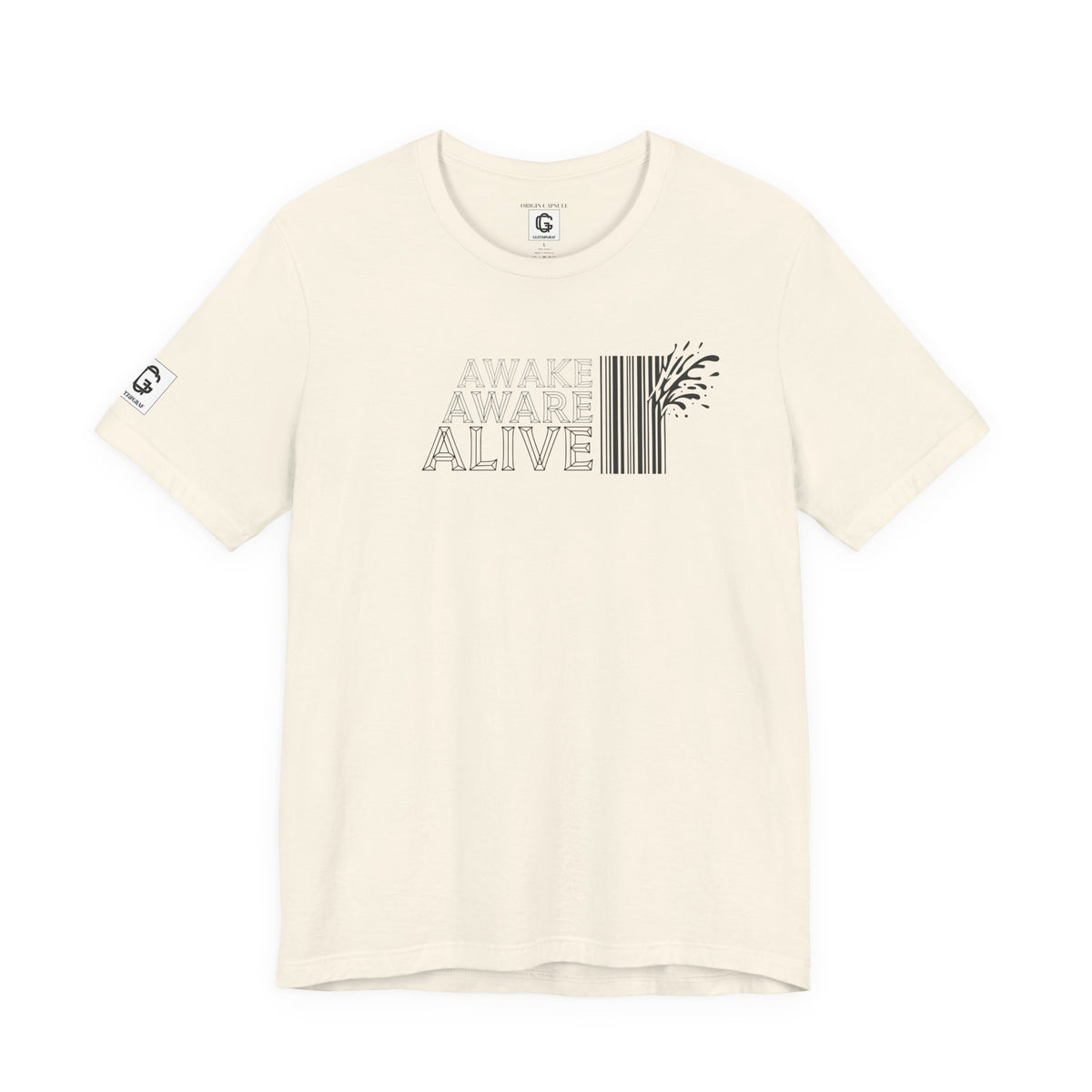 Natural color t-shirt with 'Awake Aware Alive' text and barcode design on a white background
