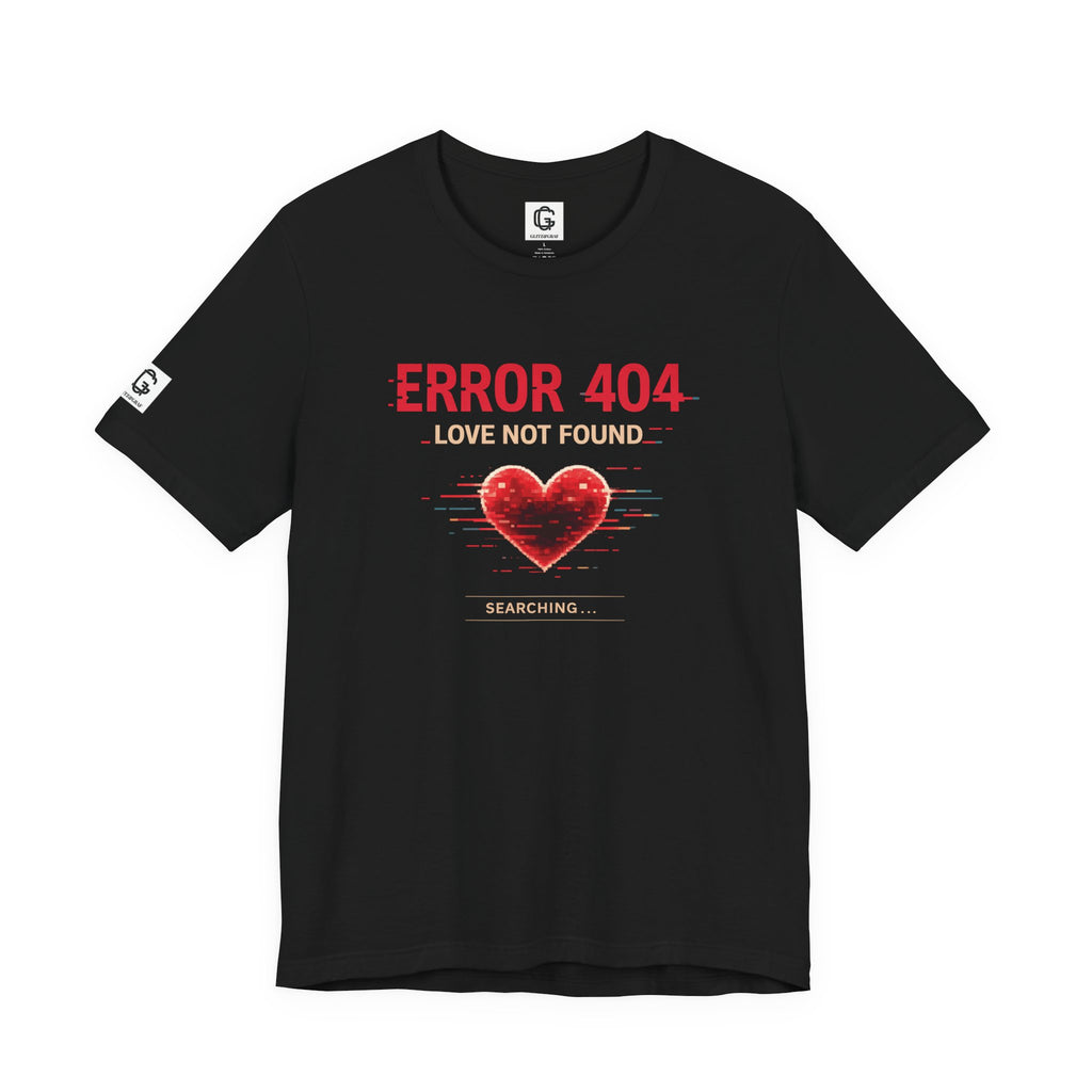 Black t-shirt with red heart and text 'ERROR 404 LOVE NOT FOUND' on a white background