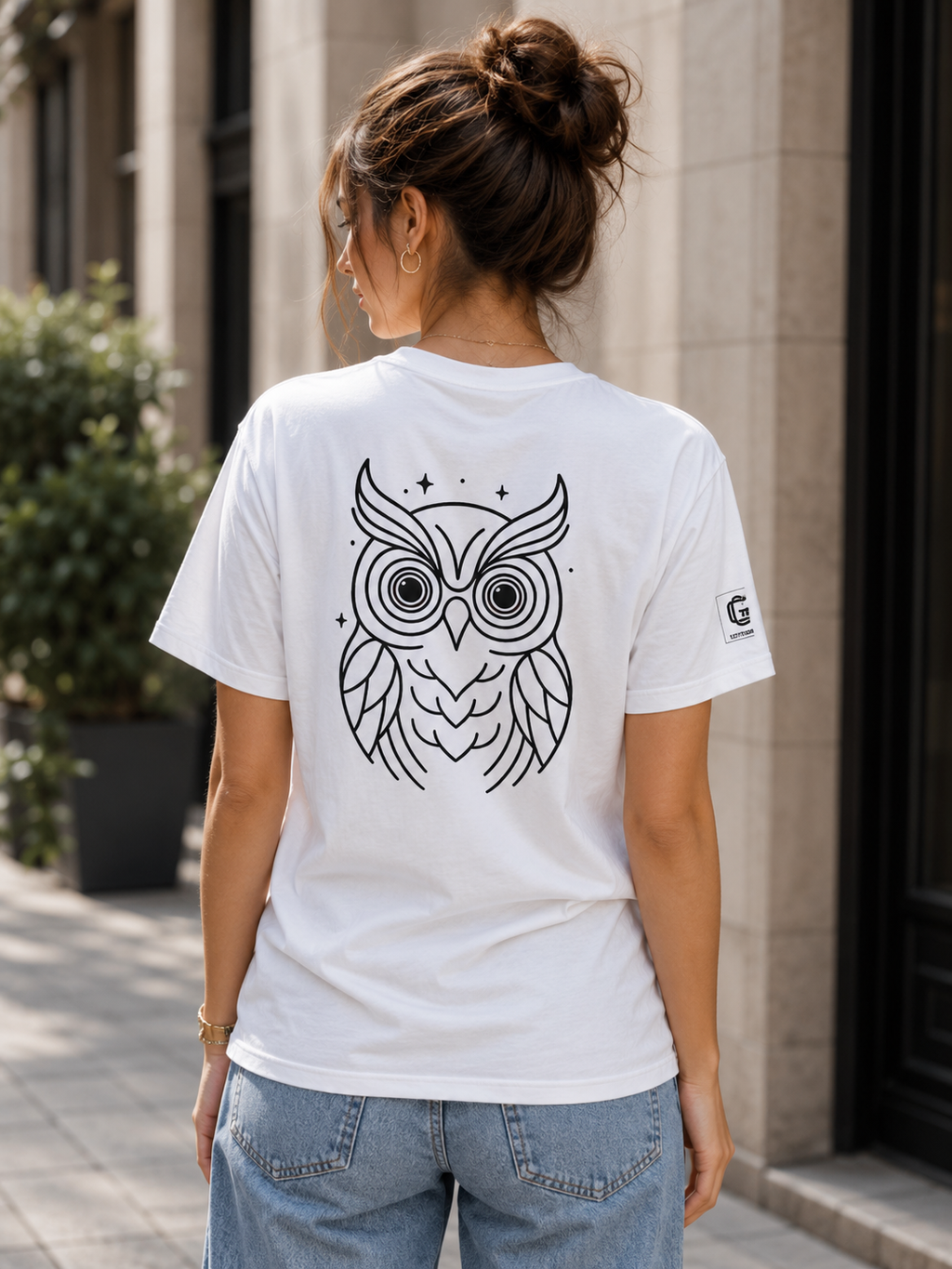 Person wearing a white t-shirt with an owl design on the back, standing in front of a building.
