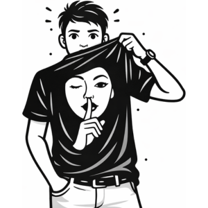 Person holding a t-shirt with a graphic of a face covering their mouth and a finger to their lips.