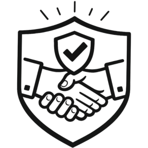 Black and white icon of a handshake with a shield and checkmark on a white background
